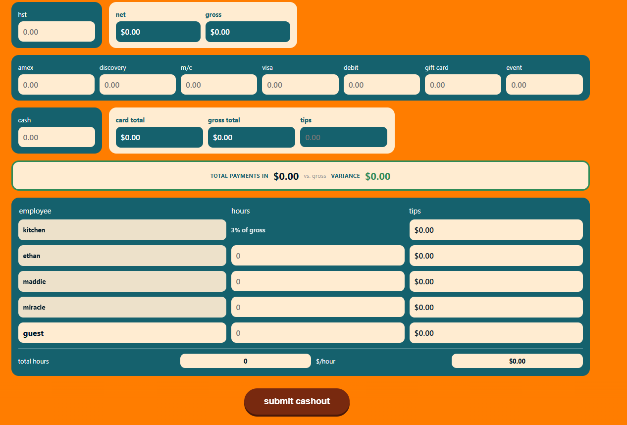 Cash Out form showing live totals, variance check, and tip pool calculations